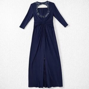 Adrianna Papell Navy Blue Beaded Neck Ruched Maxi‎ Evening Dress Size 6